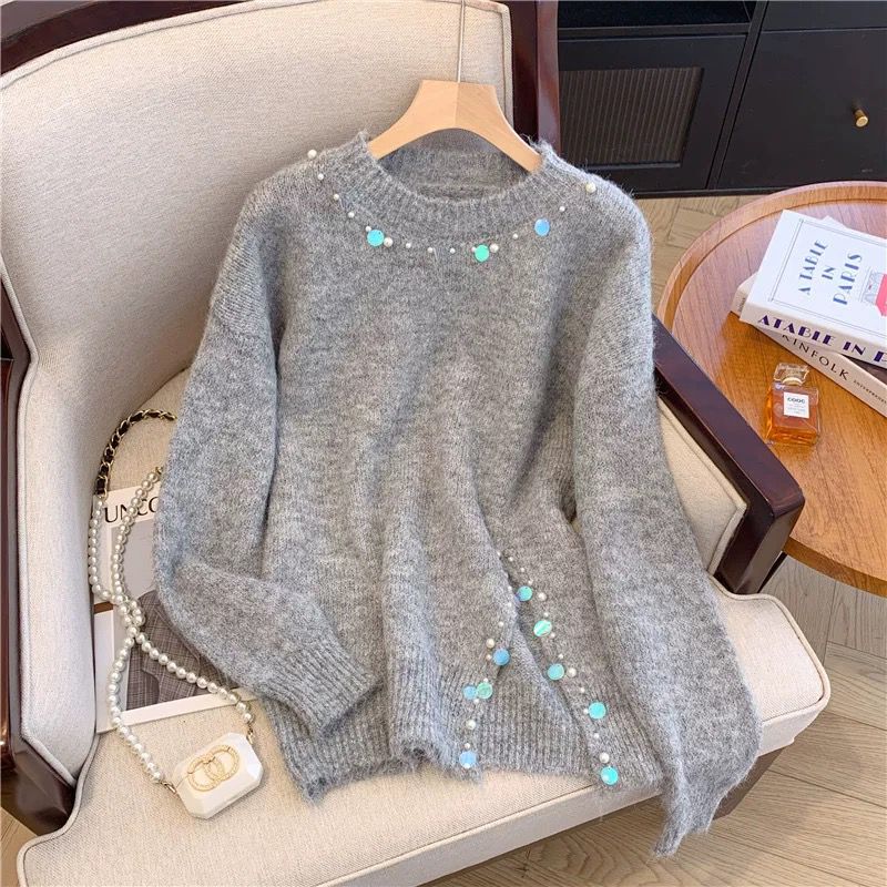 Gray Round-Neck Design Women's Sweater with Pearl Sequins and Slit, New Autumn and Winter Niche Lazy Style Knitwear Gray Round-Neck Design Women's Sweater with Pearl Sequins and Slit, New Autumn and Winter Niche Lazy Style Knitwear