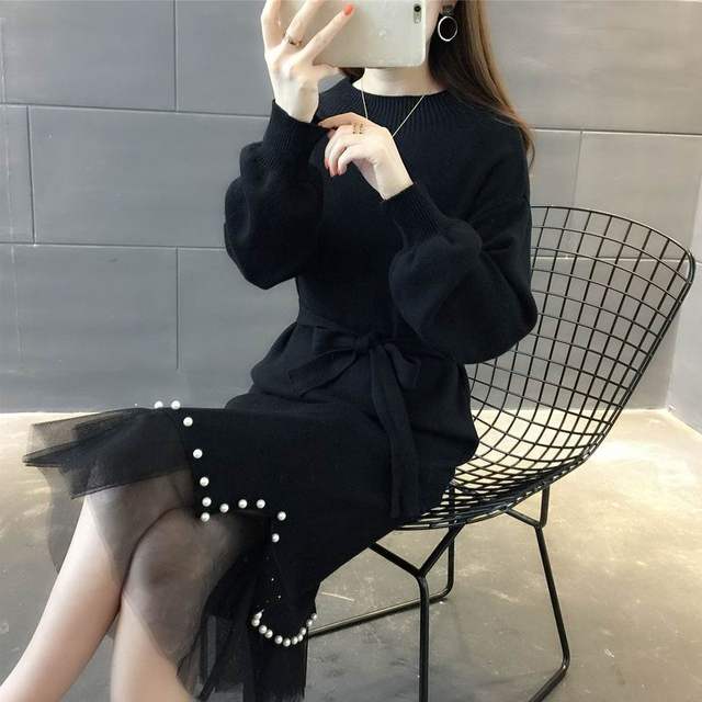 Autumn and winter women's solid color long half high neck beaded knitted sweater dress over the knee mesh stitching belt bottoming skirt