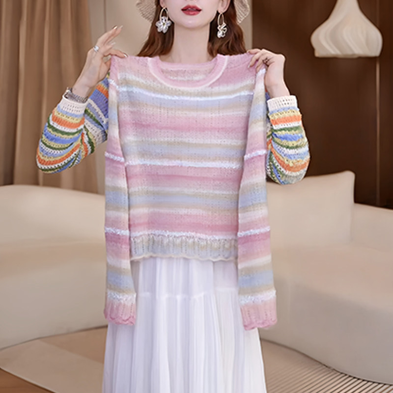 Gradient Rainbow Striped Knit Sweater for Women, Spring, Beautiful, Age-Reducing Sweater, 2026 New Style, Long-Sleeved, Loose, Slimming Top Gradient Rainbow Striped Knit Sweater for Women, Spring, Beautiful, Age-Reducing Sweater, 2026 New Style, Long-Sleeved, Loose, Slimming Top