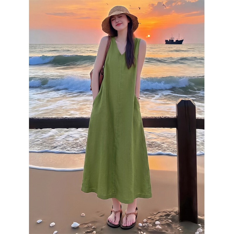 Retro Sleeveless Cotton and Linen Dress for Women, French Style Summer Retro Sports Casual Dress, High-End Light Luxury Linen Long Dress Retro Sleeveless Cotton and Linen Dress for Women, French Style Summer Retro Sports Casual Dress, High-End Light Luxury Linen Long Dress