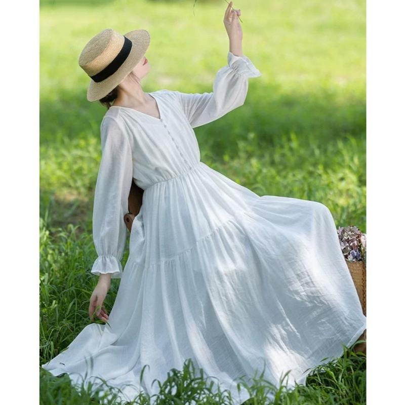 2026 Autumn New Style, Powerful Aura, Mature Ladylike Temperament, Long Dress with a Light Luxury and High-End Feel, V-Neck White Linen Dress