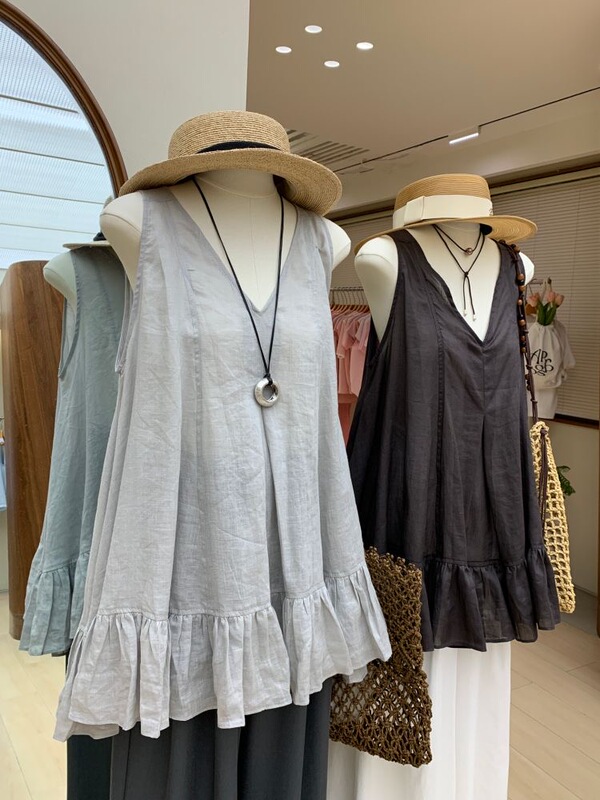 Korean Style New 2026 Summer Ruffled A-Line Slimming Lazy Sleeveless Shirt with Tie Backless Loose V-Neck Tank Top