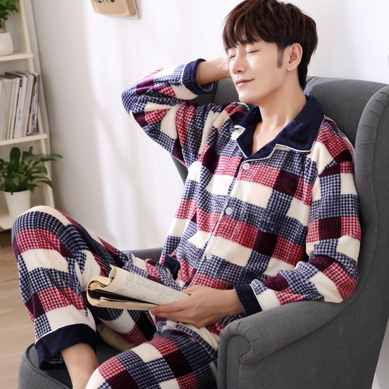 Đồ ngủ nam dày mùa đông cộng với nhung dài tay flannel thanh niên mùa đông san hô lông cừu dịch vụ nhà phù hợp với nam mùa thu đông đồ bộ mặc nhà bằng vải thun