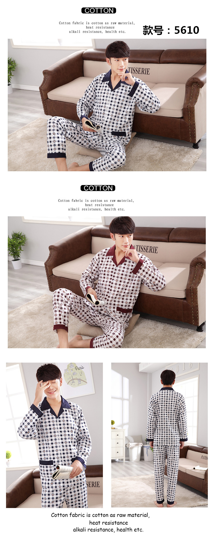 Mùa xuân và mùa thu cotton kích thước lớn đồ ngủ nam trẻ trung mùa thu và mùa đông Mô hình đồ lót nam trung niên dài tay phù hợp với dịch vụ nhà thời trang trung niên