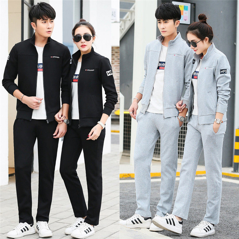 2017春秋夏季情侣运动套装男士跑步服女士休闲套装纯棉卫衣三件套