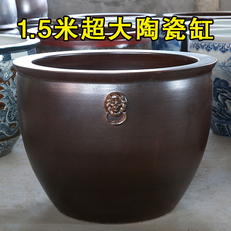 1.5m Ceramic Retro Large Water Tank with Water Lilies and Lotus Flowers, Floor-Standing Ornament for Courtyard and Garden, Outdoor Lion Ear Ornament