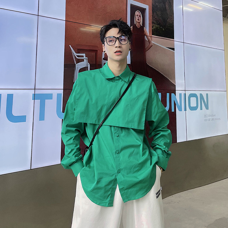 (Love to wear help) Han Wind Design Shoulder Fake Two Long Sleeves Shirt Male Tennis Red Ins Senior Shirt Trend