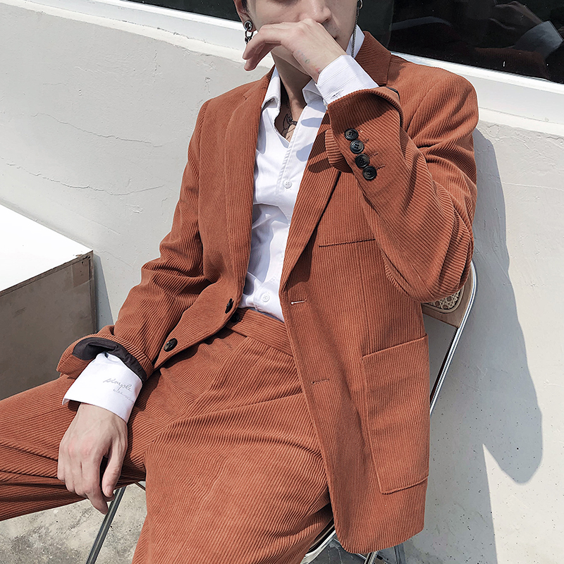 ICHULB loves to wear corduroy texture retro suit suit men's British slim suit fashion advanced