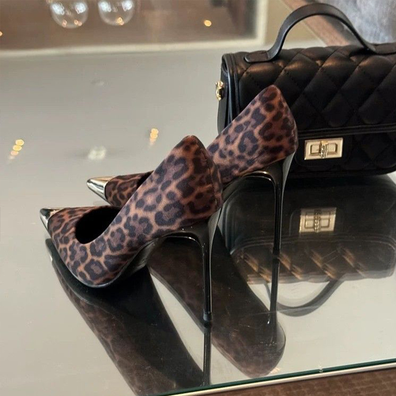 34-43 Large Size 25 New Suede 10cm Ultra-High Heel Women's Stiletto Sexy Work Shoes Pointed Toe Leopard Print Single Shoes