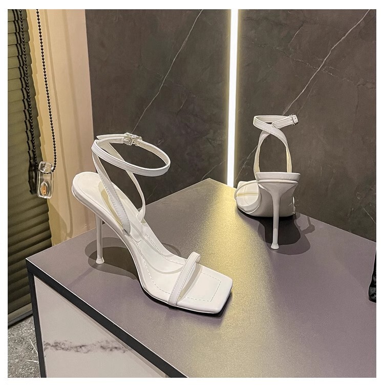 2024 New Summer One-Strap Buckle Sandals with Thin Heels, Silver Sexy Fairy Style Platform High Heels