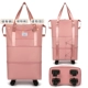 Модель рюкзака, три внешних кармана, розовый, разборный, 4 колеса + кодовый замок, устанавливается с помощью тяги.