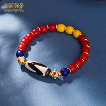 (Carblue Pearl) Himalaya Xuebazhu bracelet with Tibetan tiger tooth sky beads glazed Nepal Old Gold Single Circle
