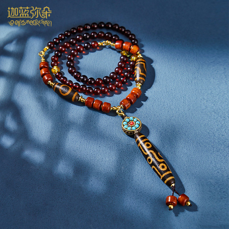(Jia Tianzhu) Tibetan nine-eyed dzi bead agate necklace beeswax purple gold bowl Bodhi child clavicle chain