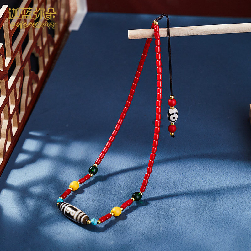 (Ghana Blue Pearl) Original design Tibetan Two Eyes Sky Beads Necklace Green Pine Stone Glazed Snowbaeball Lock Bone Chain