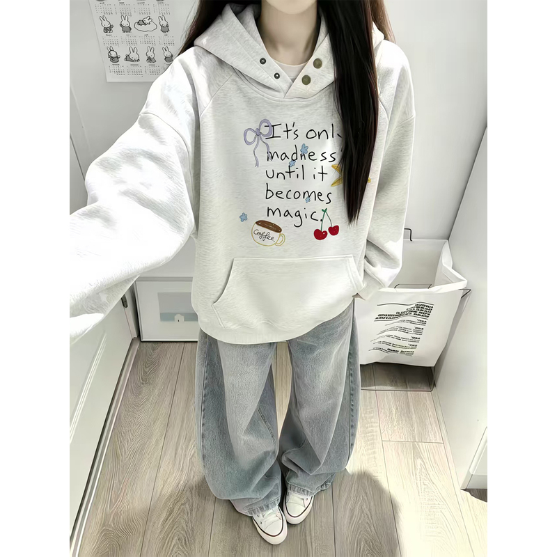 Heavyweight American-Style Gray Hooded Sweatshirt for Women, New Autumn and Winter Loose-Fitting Lazy Style Korean-Inspired Relaxed Jacket Top Heavyweight American-Style Gray Hooded Sweatshirt for Women, New Autumn and Winter Loose-Fitting Lazy Style Korean-Inspired Relaxed Jacket Top