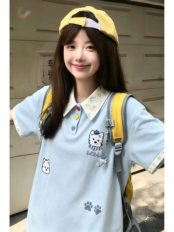 American College Style Short-Sleeved Polo Collar T-Shirt for Women, Regular Shoulder, New Summer Design, Niche Style, Top for Junior High School Students American College Style Short-Sleeved Polo Collar T-Shirt for Women, Regular Shoulder, New Summer Design, Niche Style, Top for Junior High School Students