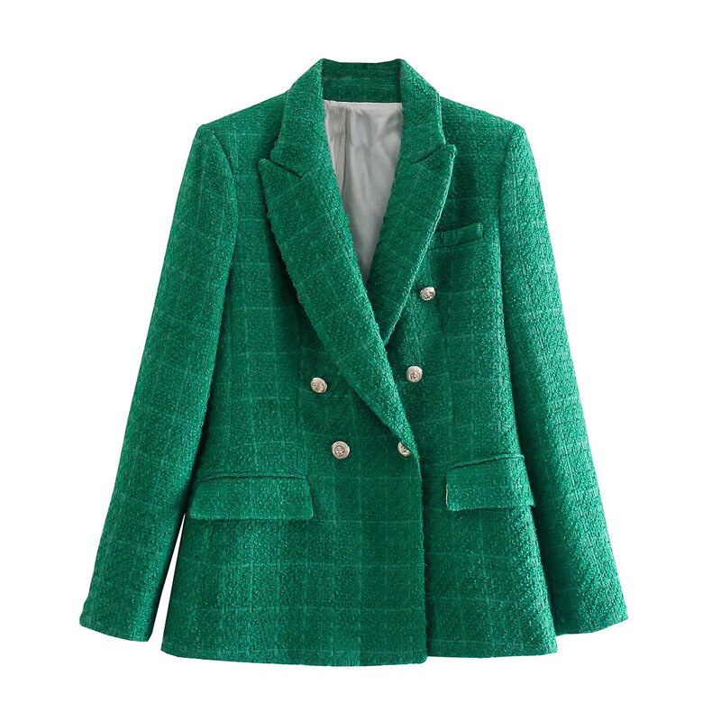 Women's 2023 Fashion Double-Breasted Tweed Plaid Blazer Coat Vintage Long Sleeve Pocket Suit Jacket