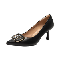 (Silent Series) Qianbaidu High Heels Autumn New Sheepskin Thin Heel Black Single Shoes Womens Commuting Temperament