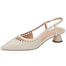 Qianbaidu Womens Shoes Summer New Style Pointed Toe Hollow Comfortable Medium Heel Thick Heel Casual Baotou Solid Color Sandals Beautiful and Gentle