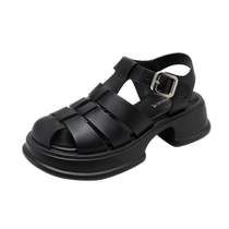 Qianbaidu Womens Shoes Summer New Fashion Roman Sandals Thick Soled Height Genuine Leather Fashion Versatile Pig Cage Shoes for Vacation