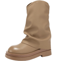 Qianbaidu Western Pile Boots Versatile Winter New Thick-soled High Boots Maillard Fashion Boots Trouser Boots Womens Shoes