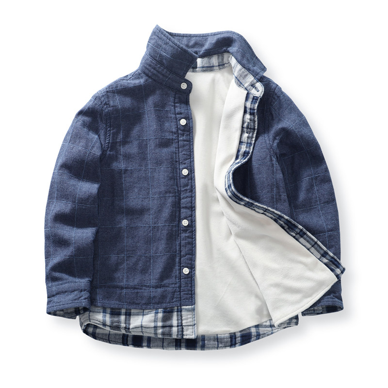 Boy Warm Imitation Denim Plus Suede Shirt Pure Cotton Thickened Autumn Winter Children Plaid Lining Jacket Foreign Trade Boy Clothing 2