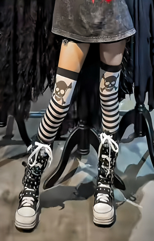 Striped Skull Socks, Over-The-Knee Socks, Subculture Punk Dark Mid-Calf Socks