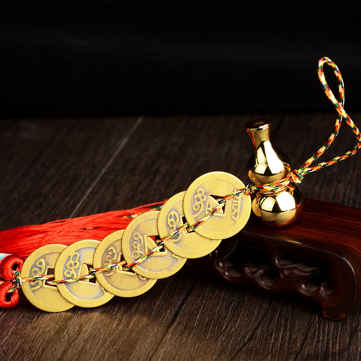 Copper Gourd Ornament with Six Emperors' Coins Pendant, Small Size, Auspicious Chinese Knot, Home Craft Gift, Decorative Small Item, Portable