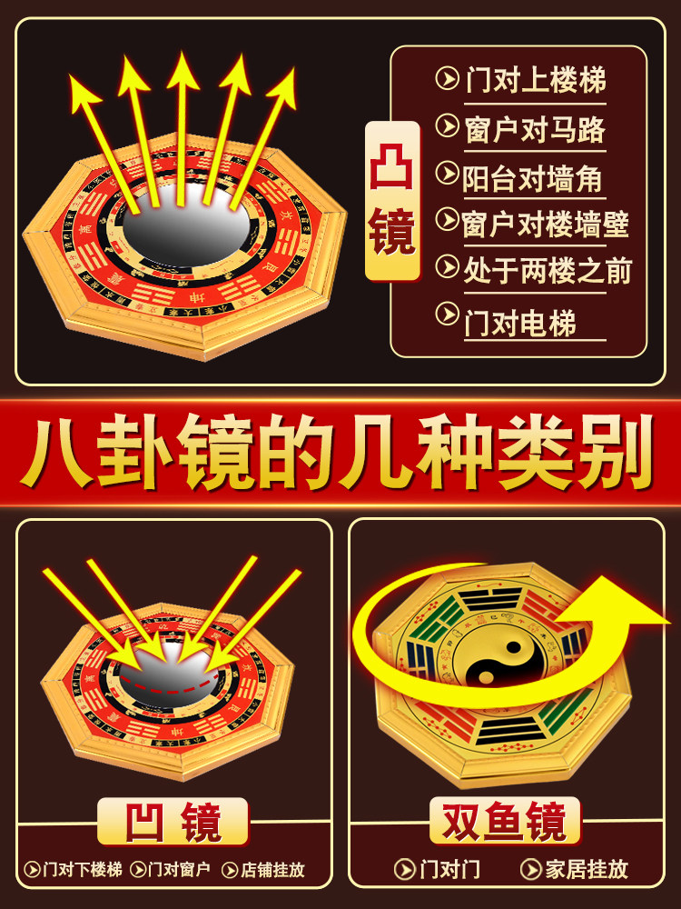 Eight-Trigram Mirror, Convex Mirror for Front Door, Window, Balcony, Nine-Compartment Tai Chi Flat Concave Copper Mirror, Hanging Ornament, Portable for Home Use