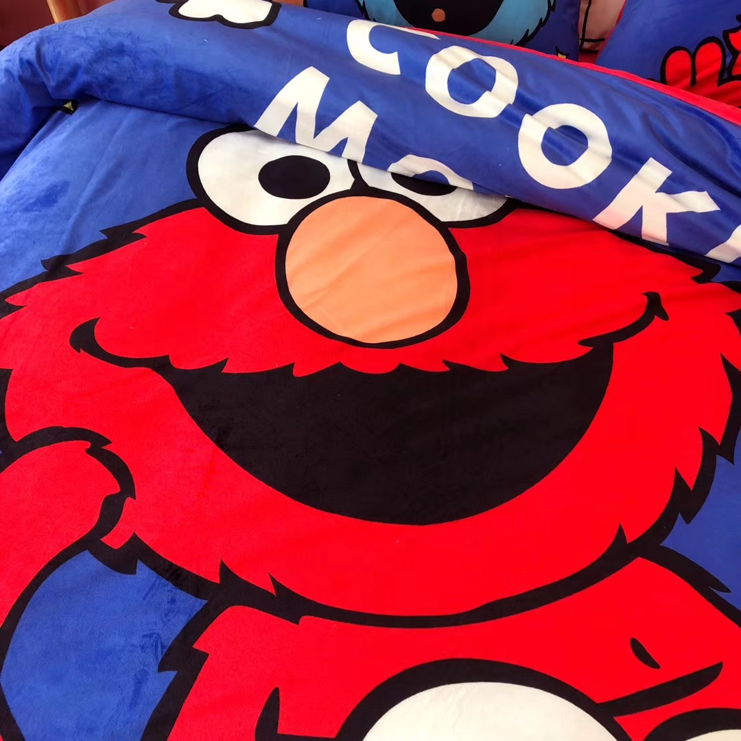 Sesame Street Elmo nhung ấm cashmere bé bánh quy gia đình lạ bốn tấm giường Dongkuan áp dụng 1.8m - Bộ đồ giường bốn mảnh mẫu chăn ga gối đệm đẹp