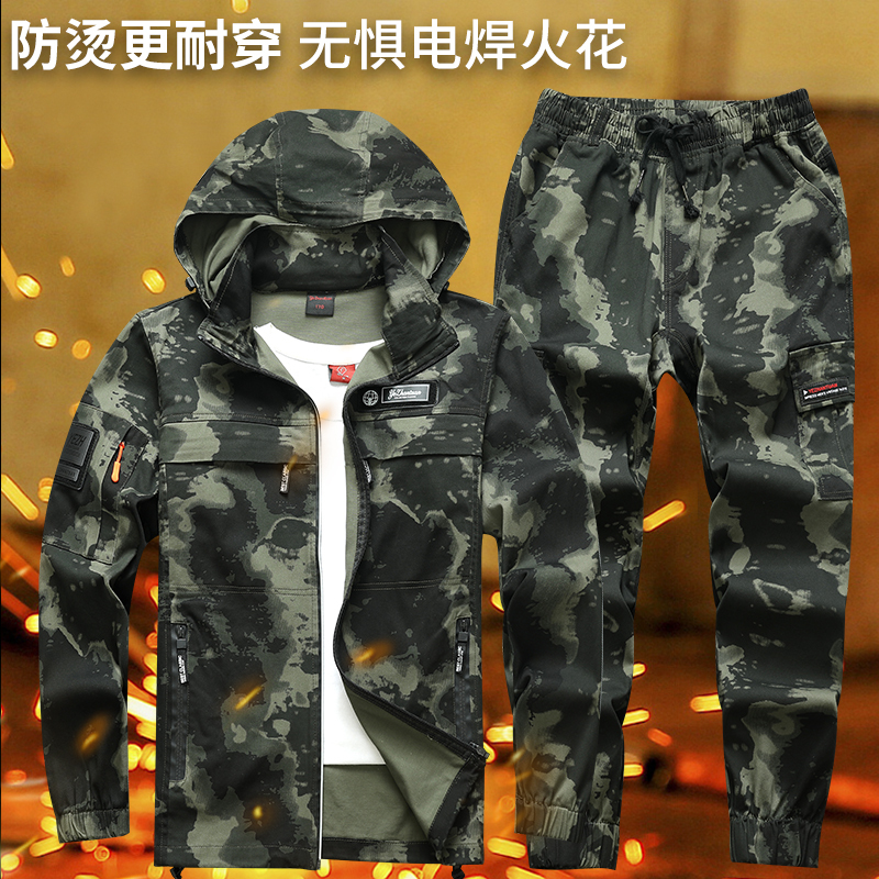 Spring and Autumn Work Clothes for Men, Pure Cotton, Thickened, Wear-Resistant, Hooded, Loose, Casual Camouflage Clothing, Welding Anti-Scald Labor Protection Clothing, Workwear