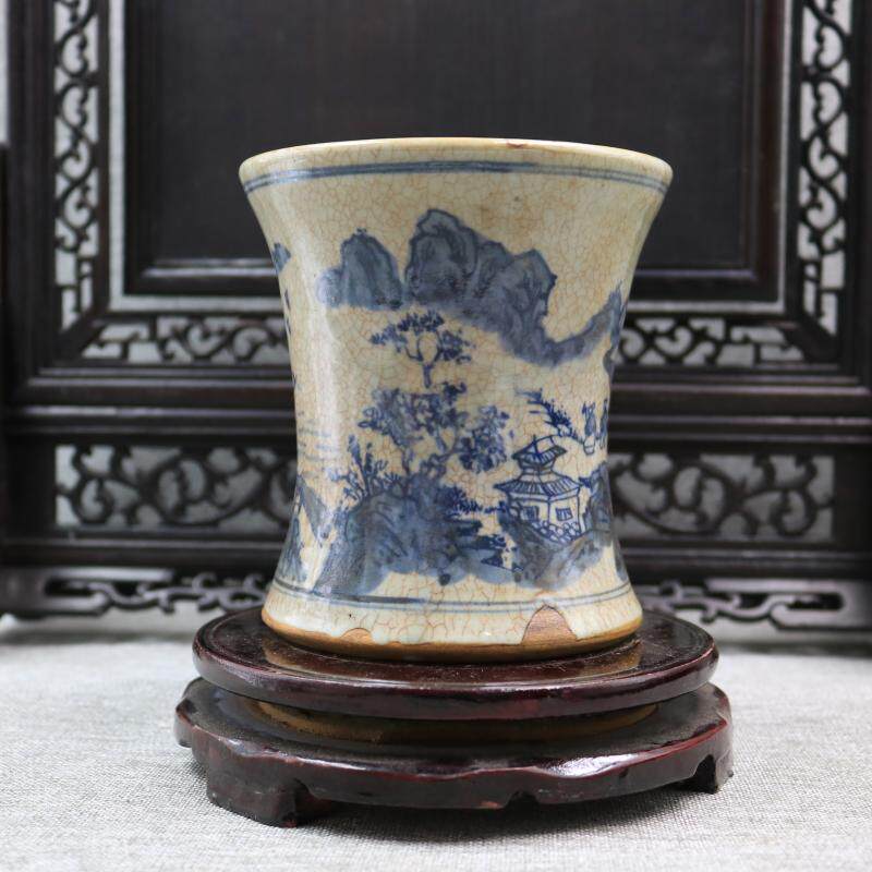 Qingdai Min Kiln Full Handmade Green Flower Landscape pen holder Jingdezhen imitation ancient made of old porcelain folk old stock swing piece