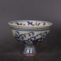 Ming Dynasty handmade folk kiln open piece blue and white glaze red wrapped stem bowl antique antique porcelain collection ornaments