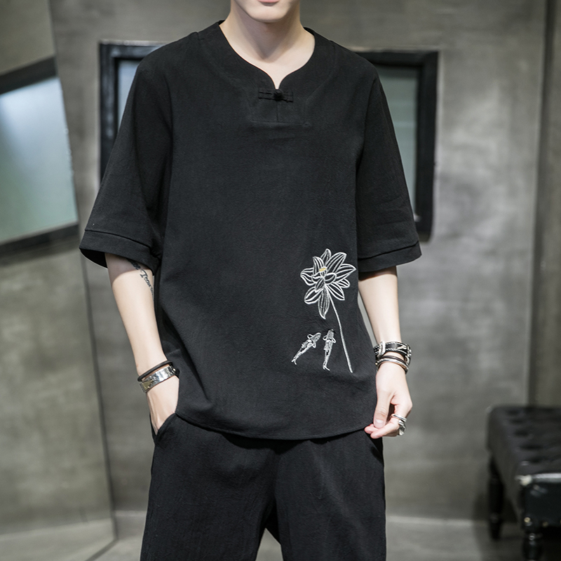 China Wind Men's Clothing Linen Short Sleeves Tang Dress Youth Retro Loose Cotton Linen Clothing T-shirt National Wind Big Size Yard Summer