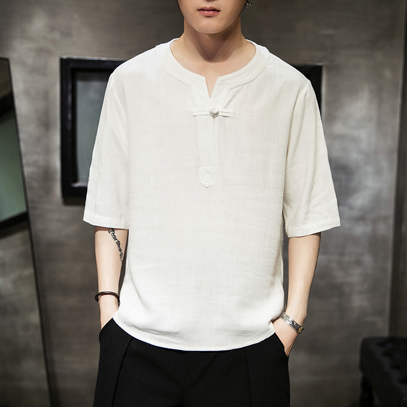 Chinese wind cotton short sleeve t-shirt men's tattoo young V collar coat half-sleeve tops large size tide flax loose summer