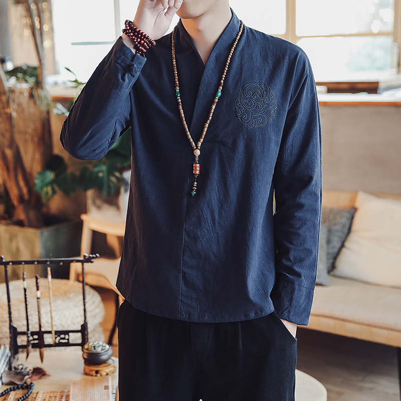 Chinese style cotton linen style cotton linen dress with large size and size retro embroidery improved hanfu ancient dress national style mantra serving tea suit