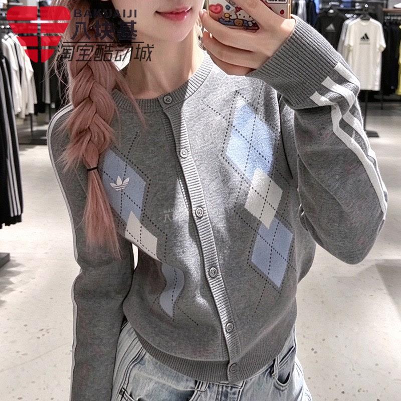 Adidas Trefoil Women's 2026 Winter American Retro College Style Diamond Pattern Cardigan Sweater Jacket Lh8704