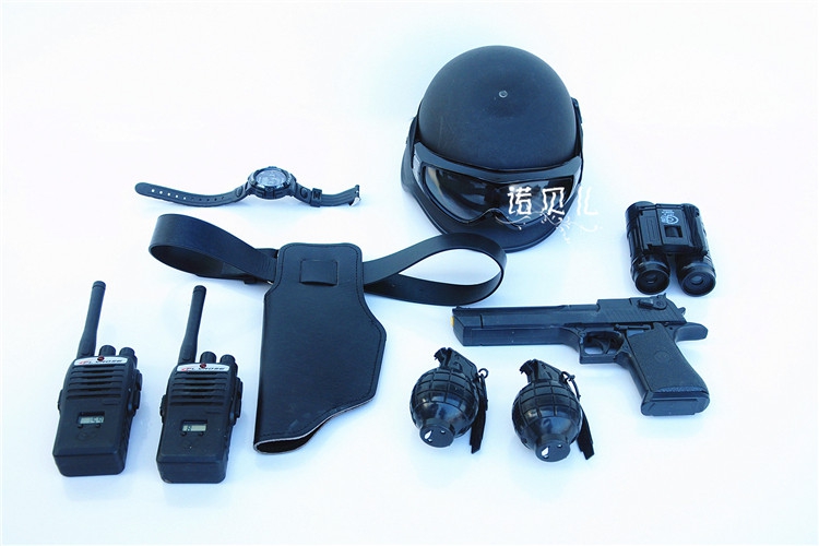 Trẻ em đồ chơi quân đội còng tay súng lục walkie-talkie mũ bảo hiểm cos cảnh sát đặc biệt lực lượng đặc biệt thiết bị vai trò súng bắn đạn xốp tròn