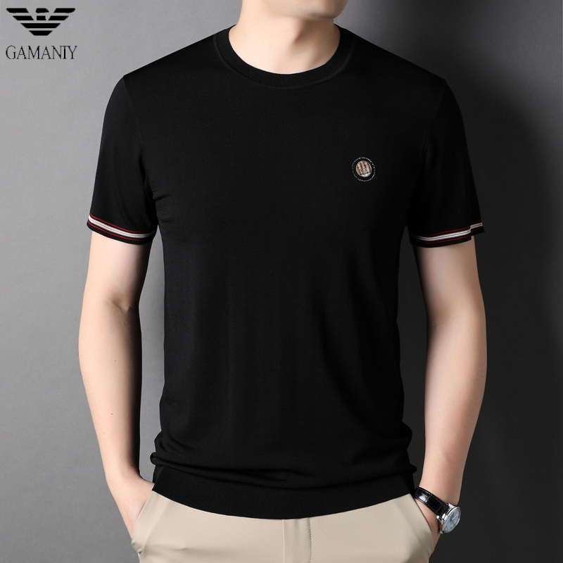 Summer dress Qi Amania short-sleeved T-shirt men's ice silk round neck breathable cool feeling casual high-end silk bottoming shirt tide t