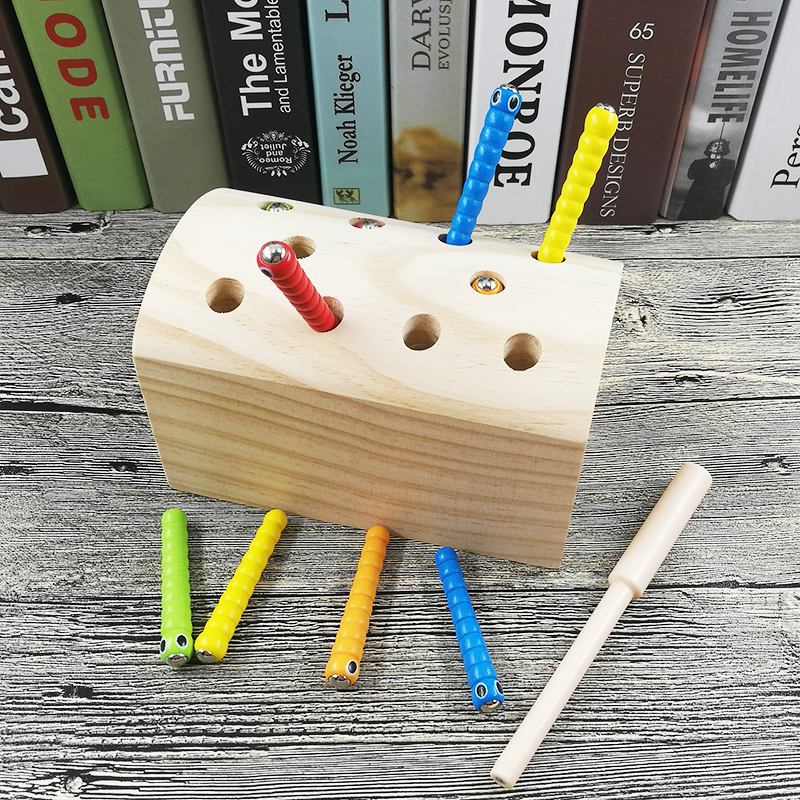 Meng's enlightenment early to teach wooden puzzle baby 1-2-3-year-old magnetic catch-worm parenting game fishing toy children