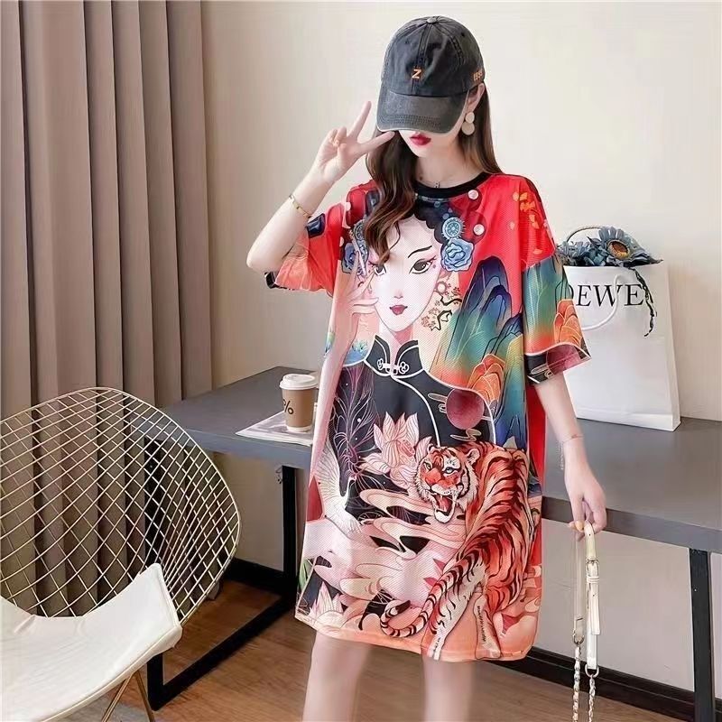 Ice Silk Mesh Quick-Drying Dress for Women Summer Mid-Length Short-Sleeved Cartoon T-Shirt Women's Large Size Loose Pajama Dress Ice Silk Mesh Quick-Drying Dress for Women Summer Mid-Length Short-Sleeved Cartoon T-Shirt Women's Large Size Loose Pajama Dress