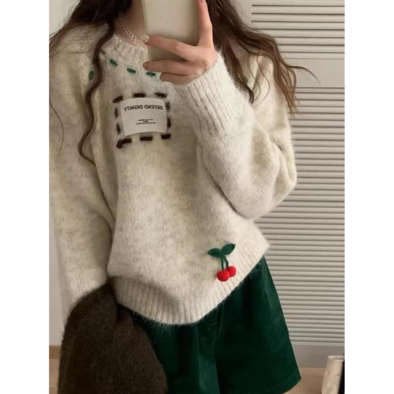 Fair Isle Sweater for Women, Autumn and Winter, Lazy Style, Loose Fit, Plus Size, Cherry Knit Top, Korean Style Patch Letter Top