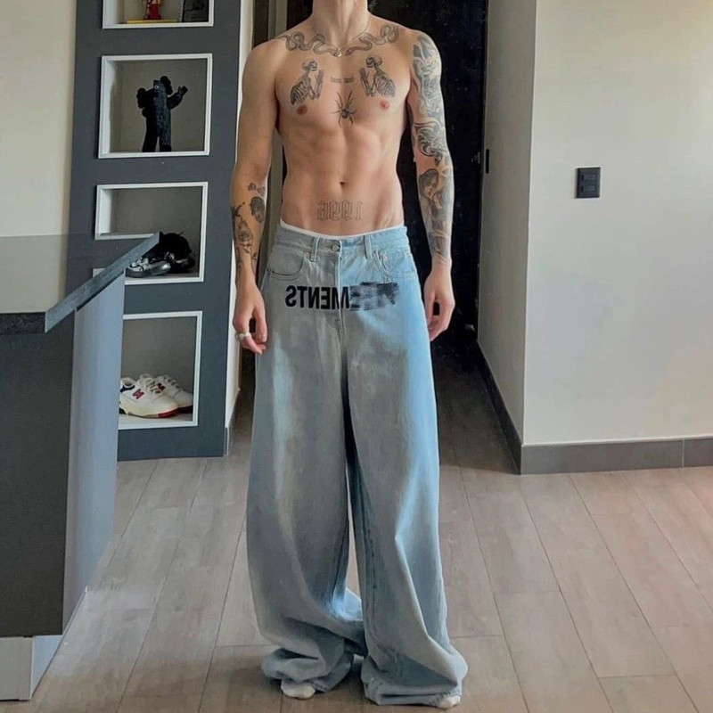 Vet American Retro Letter Embroidered Washed Blue Jeans Loose Fit Baggy Jeans Wide Leg Pants for Men