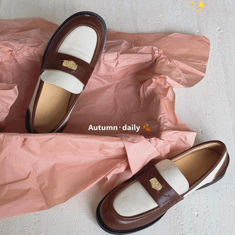 Chercher New Amiu Brand Handmade Genuine Leather Round-Toe Small Coin Retro Color-Block Loafers Women's Shoes