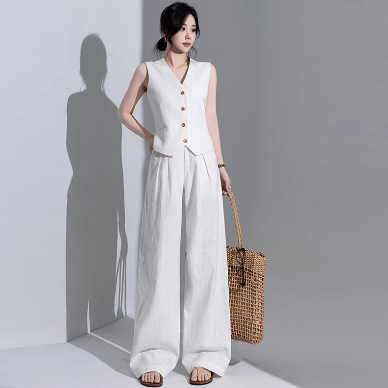 Old Money Style High-End Light Luxury White Ramie Vest Linen Tank Top Wide-Leg Pants Two-Piece Summer Cotton-Linen Suit for Women