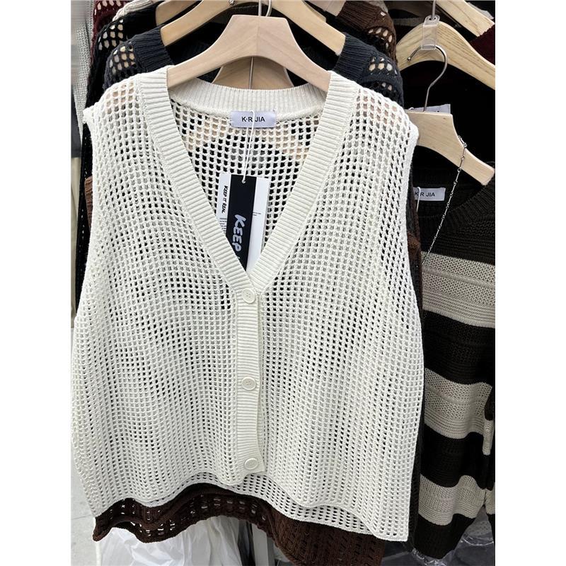 Large Size Stylish Woven Thin Hollow-Out Knit Vest for Women, Cotton and Linen Fashionable V-Neck Cardigan