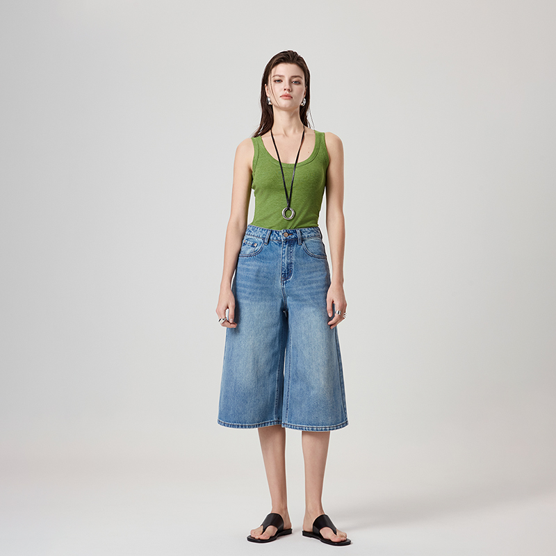 Retro High-Waisted Denim Three-Quarter Wide-Leg Pants for Women 2025 Summer New Style Loose Slimming Look Casual Versatile Mid-Pants