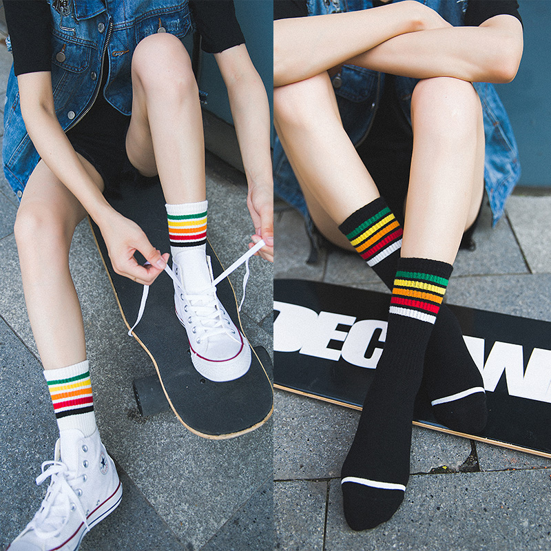 Puff Rainbow Socks Women's Net Red Colored Middle Stockings College Wind Socks Schoolgirls Korean version of the Spring and Autumn Warmth Trend
