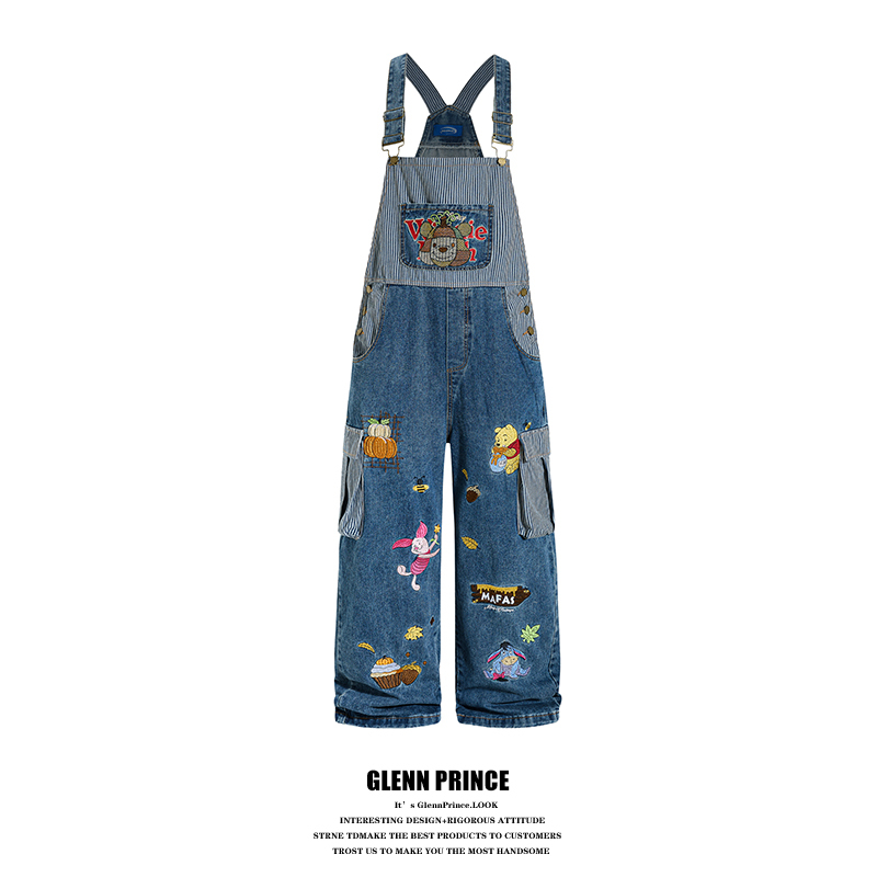 Gpstudio American Retro Cute Winnie the Pooh Embroidered Patchwork Denim Overalls Men's Bf Age-Reducing Workwear Pants