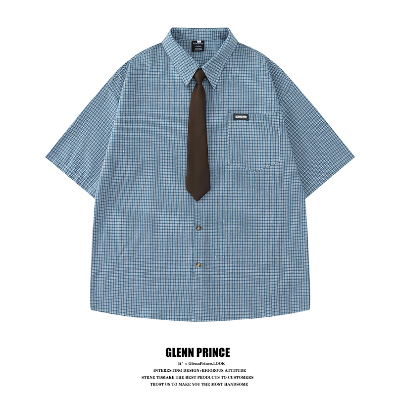Gpstudio Japanese Style Trendy Plaid Tie Shirt for Men, Summer College Style Casual Versatile Pure Cotton Short-Sleeve Shirt
